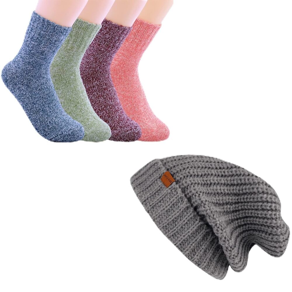 9242 Winter Warm Wool Socks and Slouchy Fall Beanie Hat Bundle Vinrage &